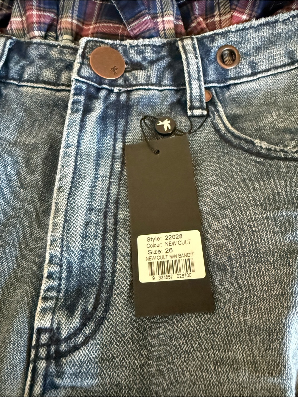 New Cult MW Bandit Plaid Trim High-Waist Denim Shorts - Blue - Picture 6 of 6